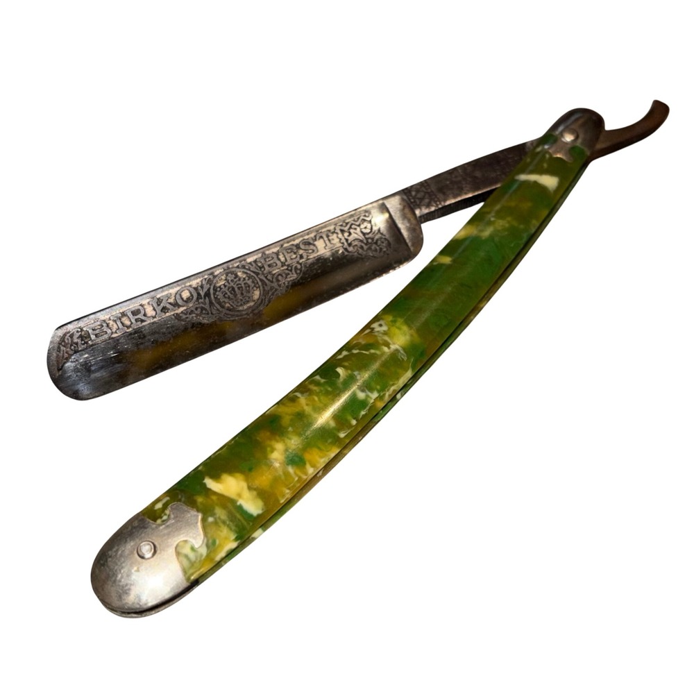 Vintage Antique Birko Best Straight Razor Solingen Silver Steel Green Marbled
